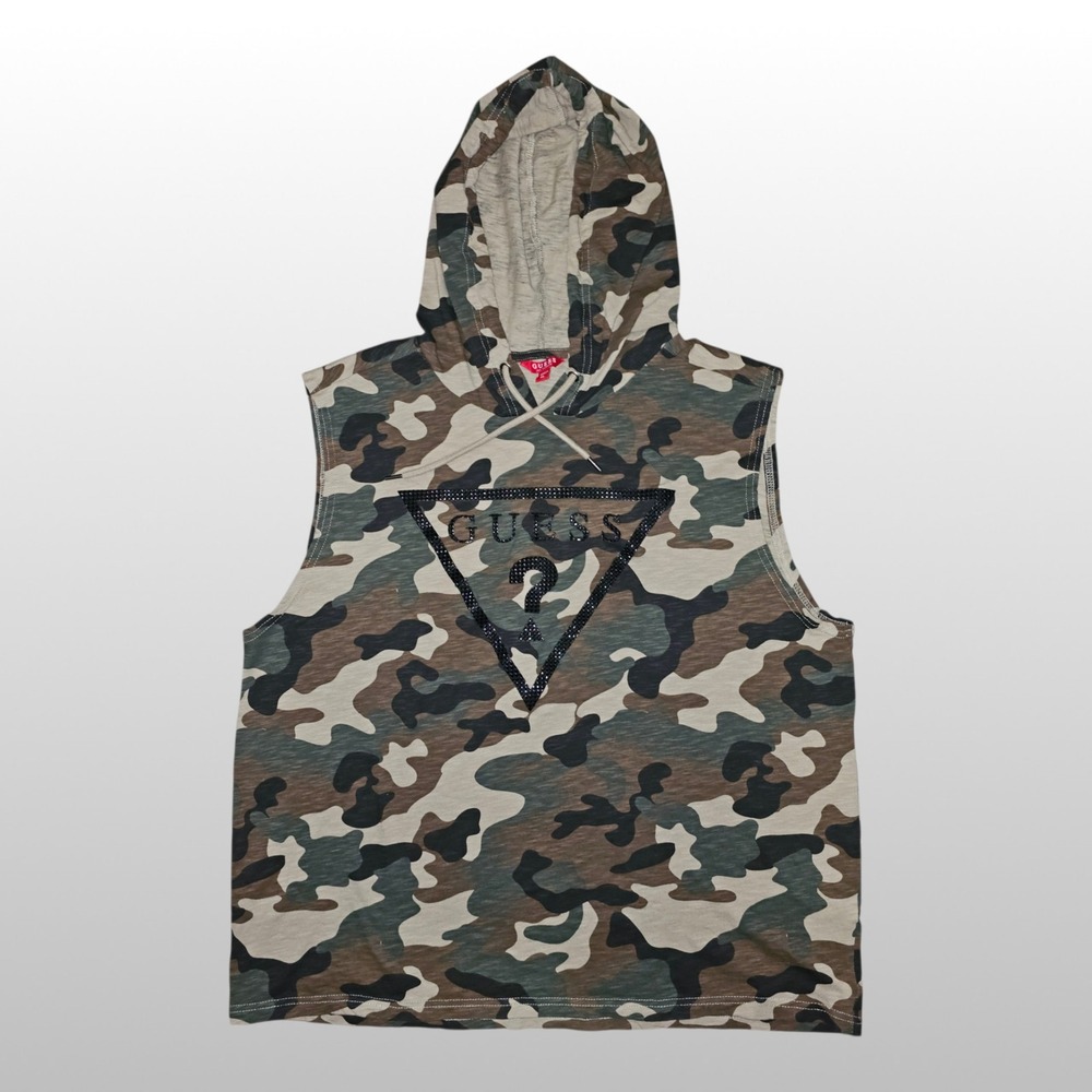 Mens Guess Sleeveless Hoodie Camo Triangle Logo Muscle Tee Green XL Streetwear
